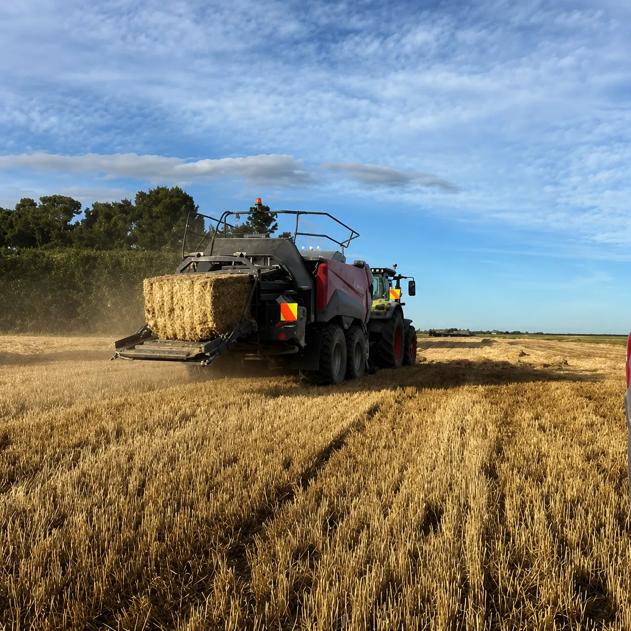 Big square baler working through straw at golden hour