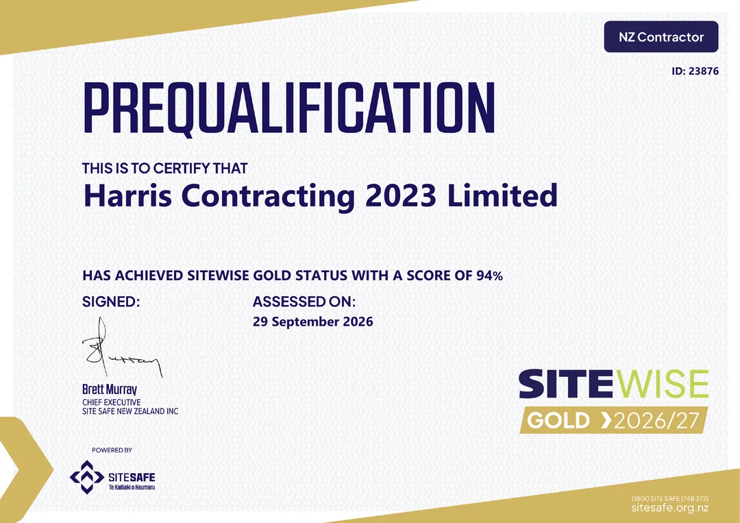 Site Safe SiteWise Gold 2026/27 prequalification certificate for Harris Contracting 2023 Limited, score of 94%