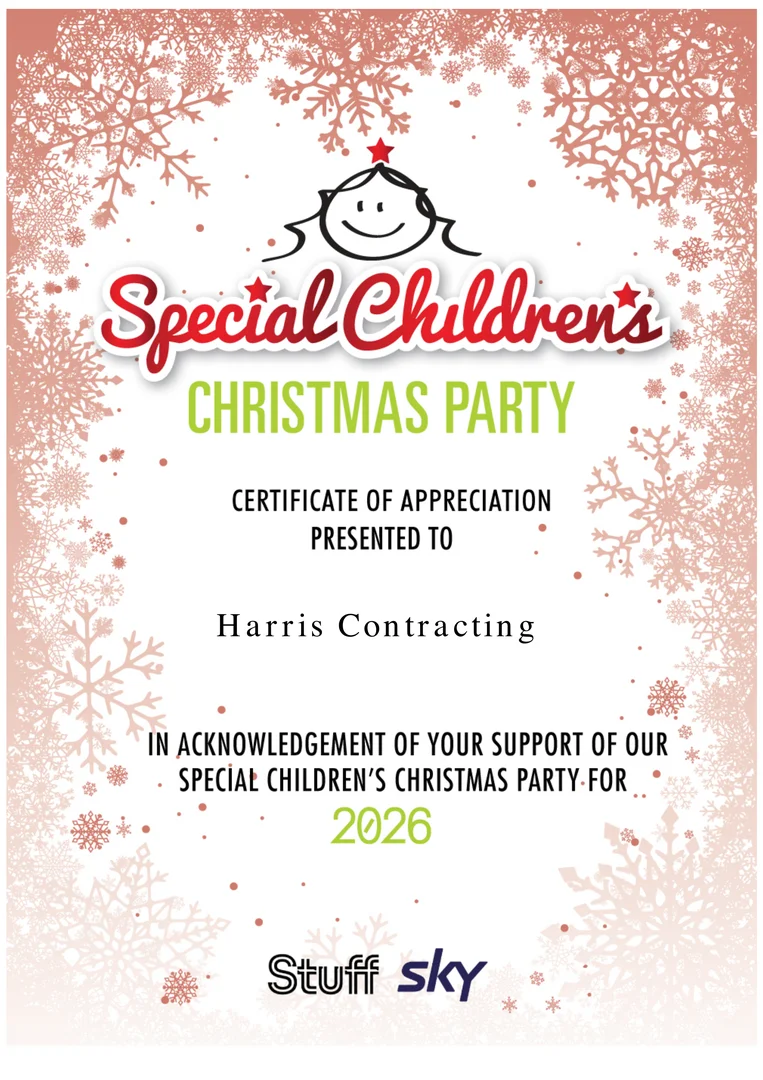 Special Children's Christmas Party 2026 certificate of appreciation presented to Harris Contracting