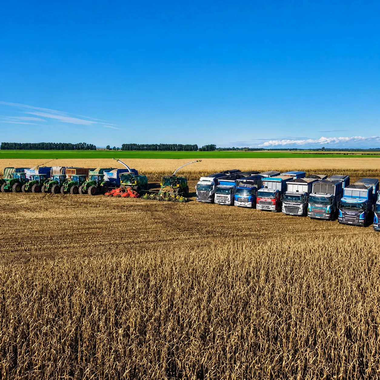 Harris Contracting fleet of tractors and trucks lined up in a paddock