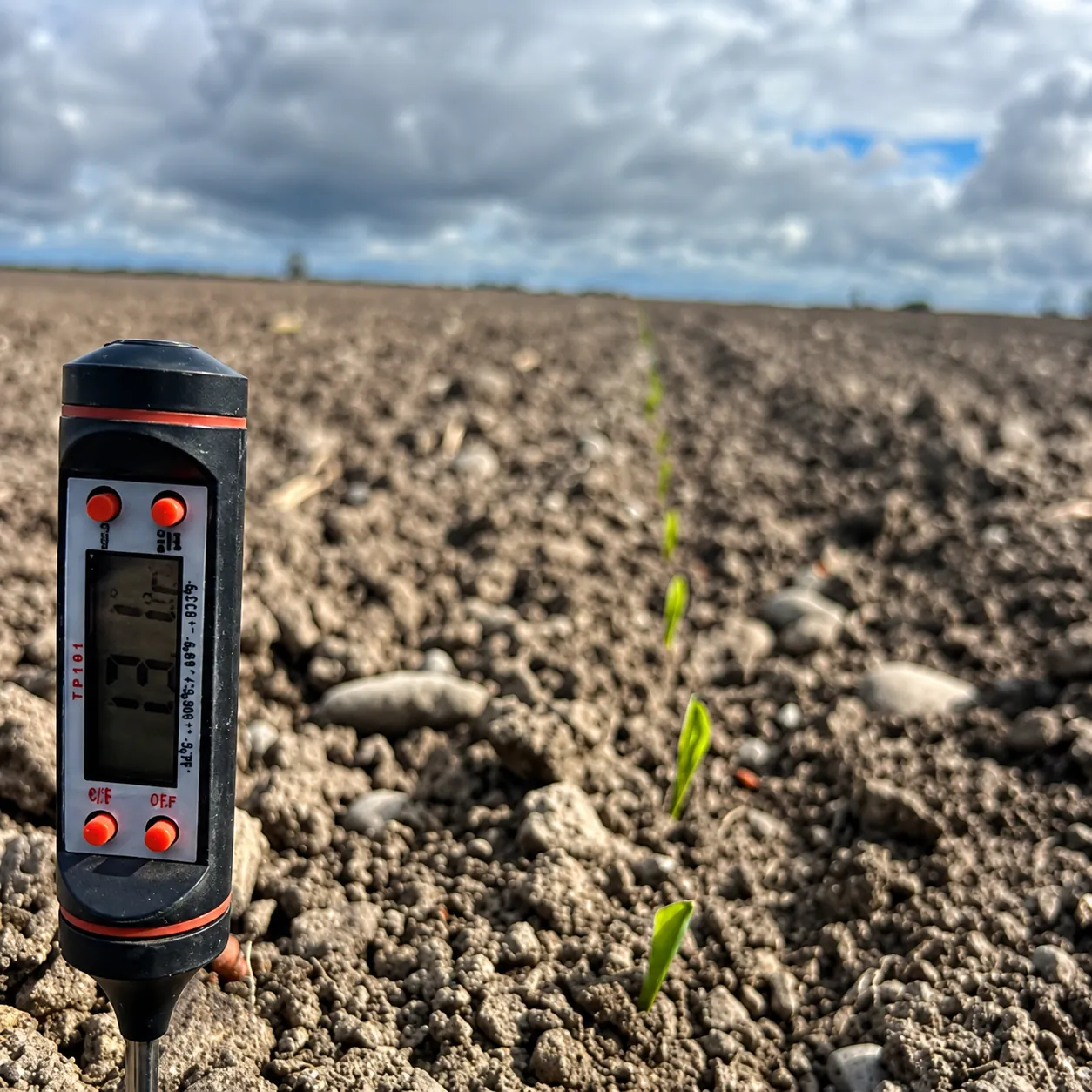 Soil thermometer beside a maize seedling in worked ground