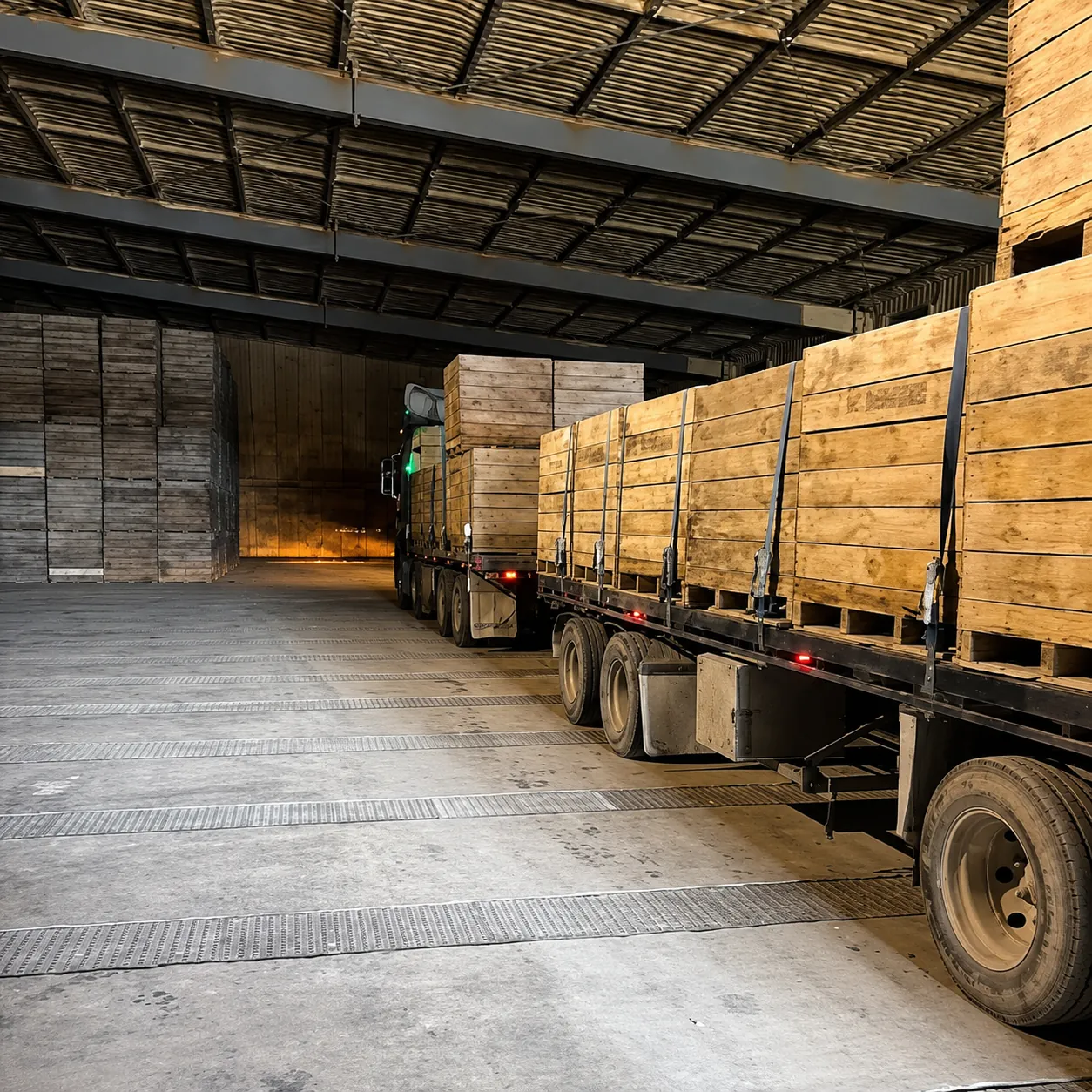 Truck loaded with produce bins inside the shed